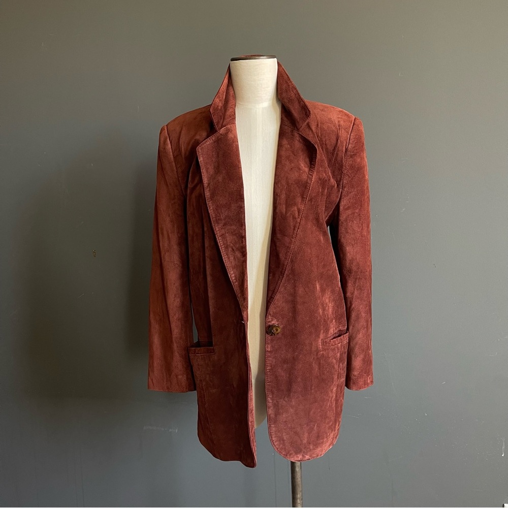 Evan Davies Leather Suede Blazer Cognac Distressed Vintage Tailored Luxe Neutral